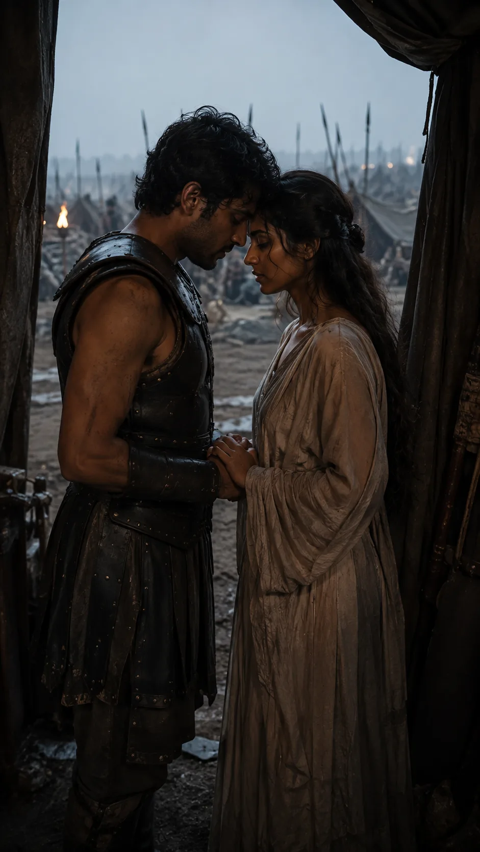 In a Trojan war camp at dawn, Troilus and Cressida grip each other's hands in a tent doorway, about to be torn apart by the exchange of prisoners.