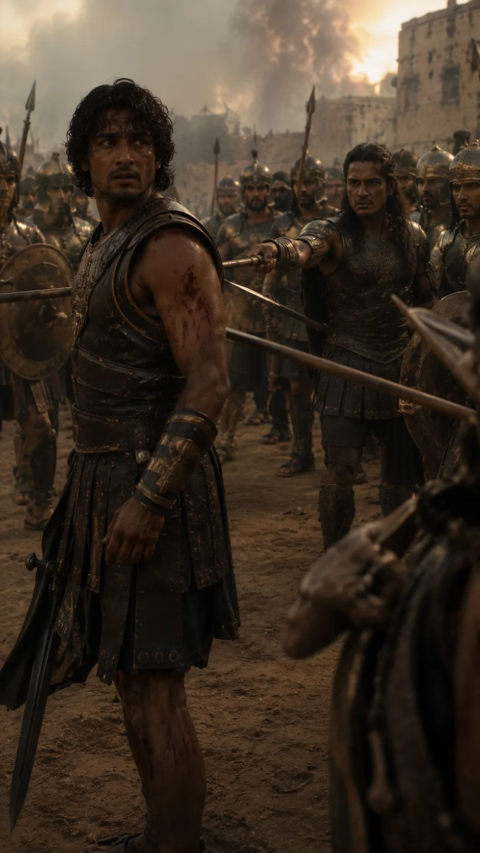 On the battlefield outside Troy, the unarmed Hector is surrounded and overwhelmed by Achilles and his Myrmidons.