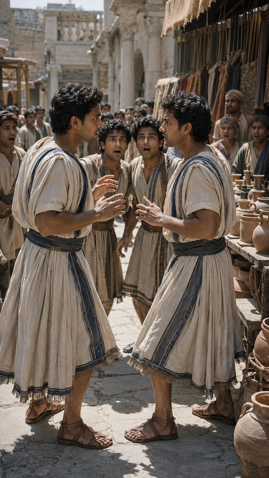 The two identical Antipholus twins and their two identical Dromio servants collide face to face in a chaotic Ephesus marketplace, the crowd frozen mid-gasp.