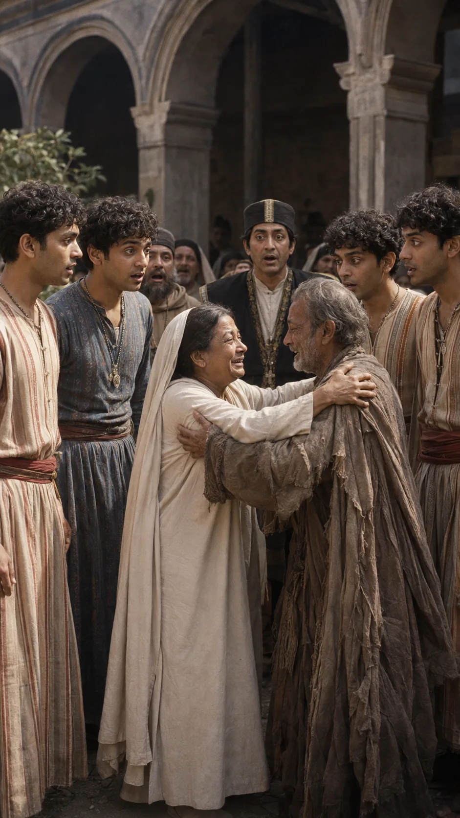 At the Priory, the Abbess Emilia reveals herself as the twins' long-lost mother, reuniting the whole family with old Egeon before the astonished Duke.