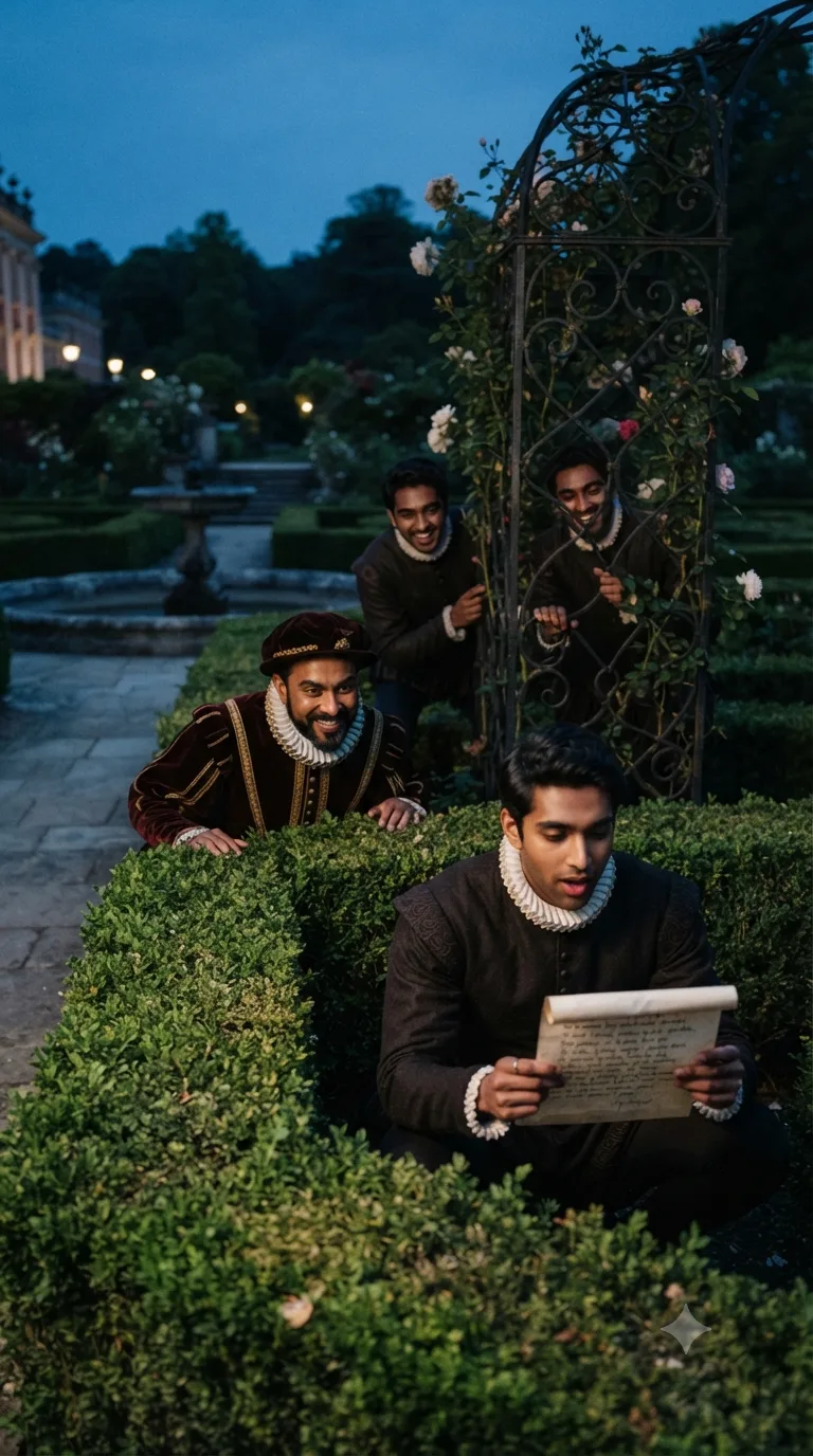 Courtiers eavesdrop on each other reading love poems in a moonlit palace garden, from Love's Labour's Lost