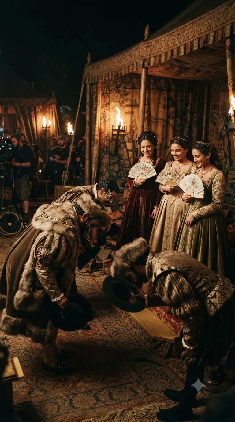 The King and his lords, absurdly disguised as visiting Muscovite nobles in furs and masks, arrive to woo the Princess and her ladies at a torch-lit masque.