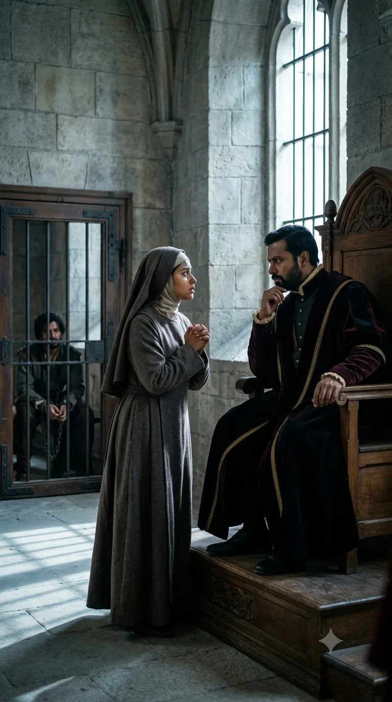 The novice Isabella pleads before the stern deputy Angelo for the life of her condemned brother Claudio, in a shadowed Vienna judgment hall.