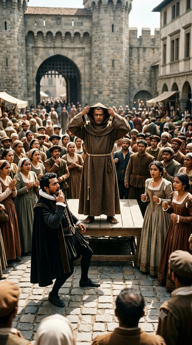 In the public square, the disguised Duke Vincentio throws back his friar's hood to reveal himself, exposing Angelo before the whole gathered city as Isabella and Mariana look on.