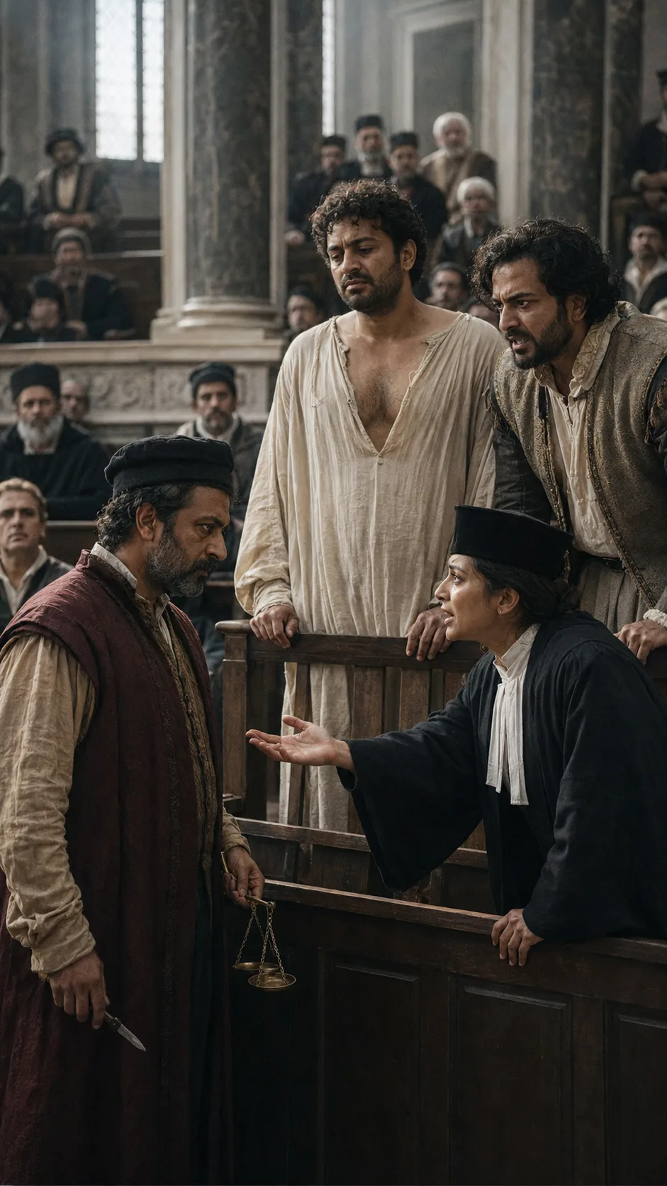 In the Venetian courtroom, Shylock stands ready with his scales and knife to claim his pound of flesh from Antonio, while Portia — disguised as a young doctor of law — pleads with him for mercy, and Bassanio stands beside Antonio's dock, angry and heartbroken.