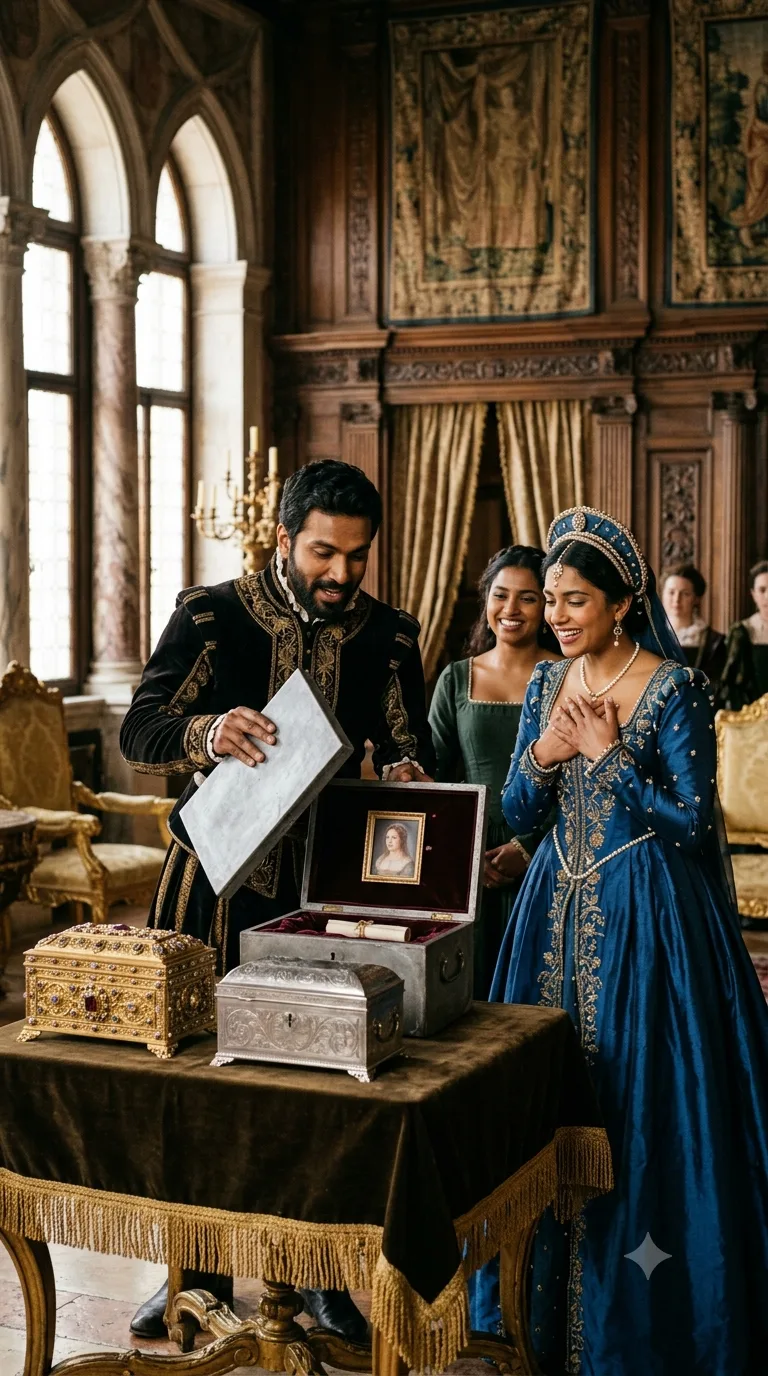At Belmont, Bassanio opens the plain lead casket in front of a hopeful Portia, choosing correctly and winning her hand, gold and silver caskets standing rejected beside it.