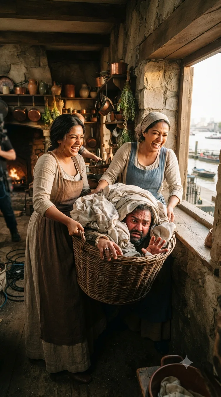 Falstaff, stuffed inside a laundry basket, is carried by Mistress Ford and Mistress Page toward the window to be dumped into the Thames.
