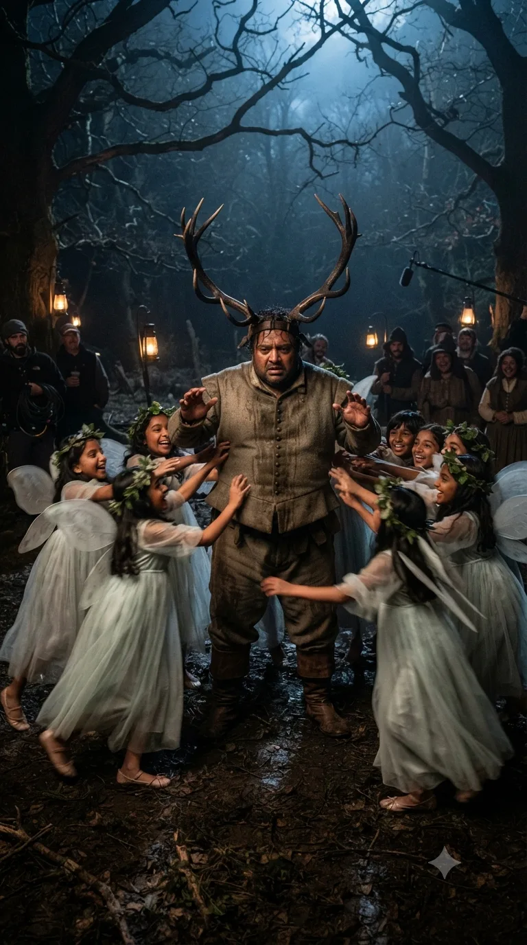 In Windsor Forest at night, Falstaff stands disguised as Herne the Hunter with a pair of antlers strapped to his head, surrounded and pinched by children dressed as taunting fairies.