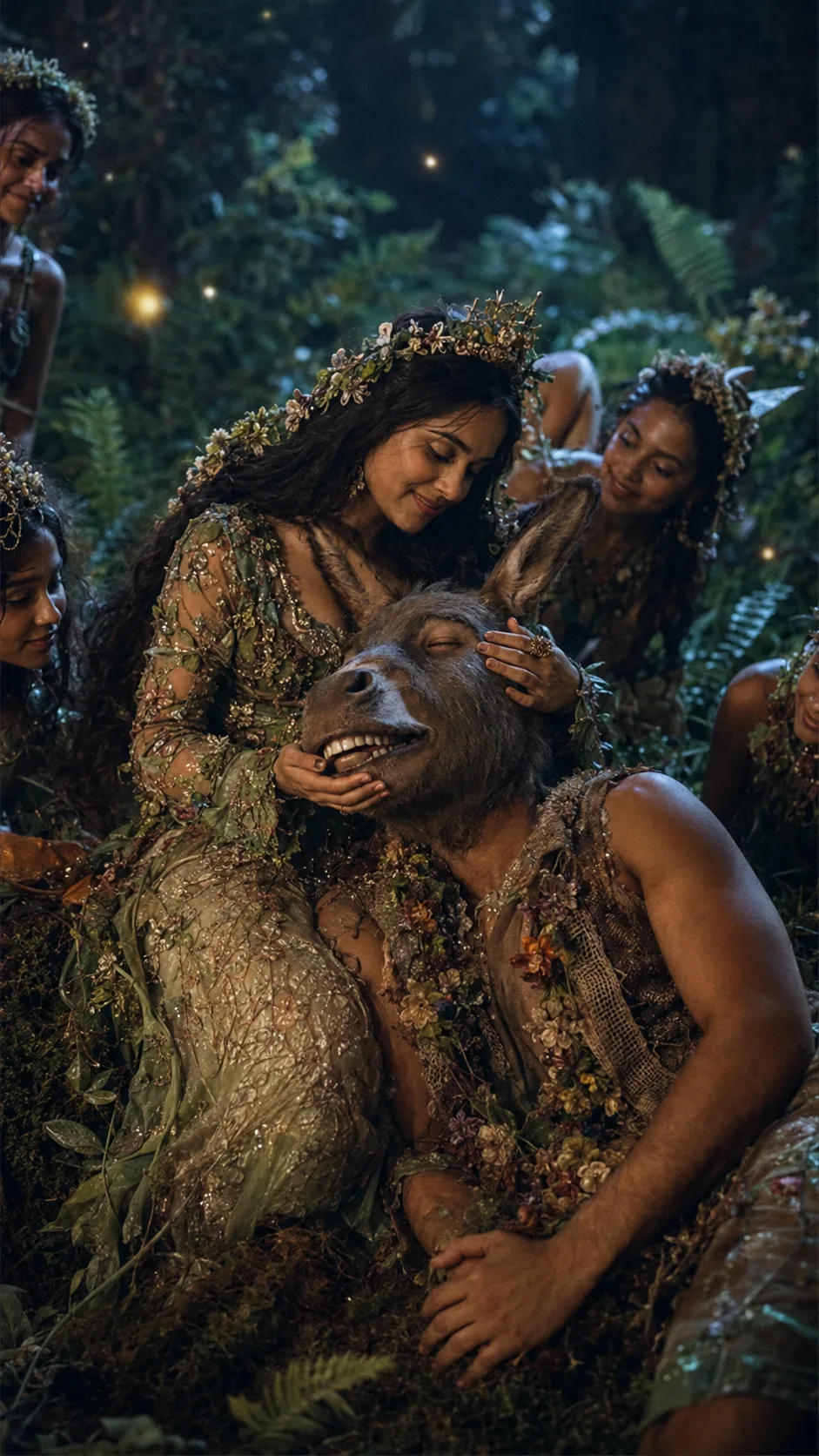 Titania, queen of the fairies, cradles the enchanted, donkey-headed Bottom in a dark forest, from A Midsummer Night's Dream