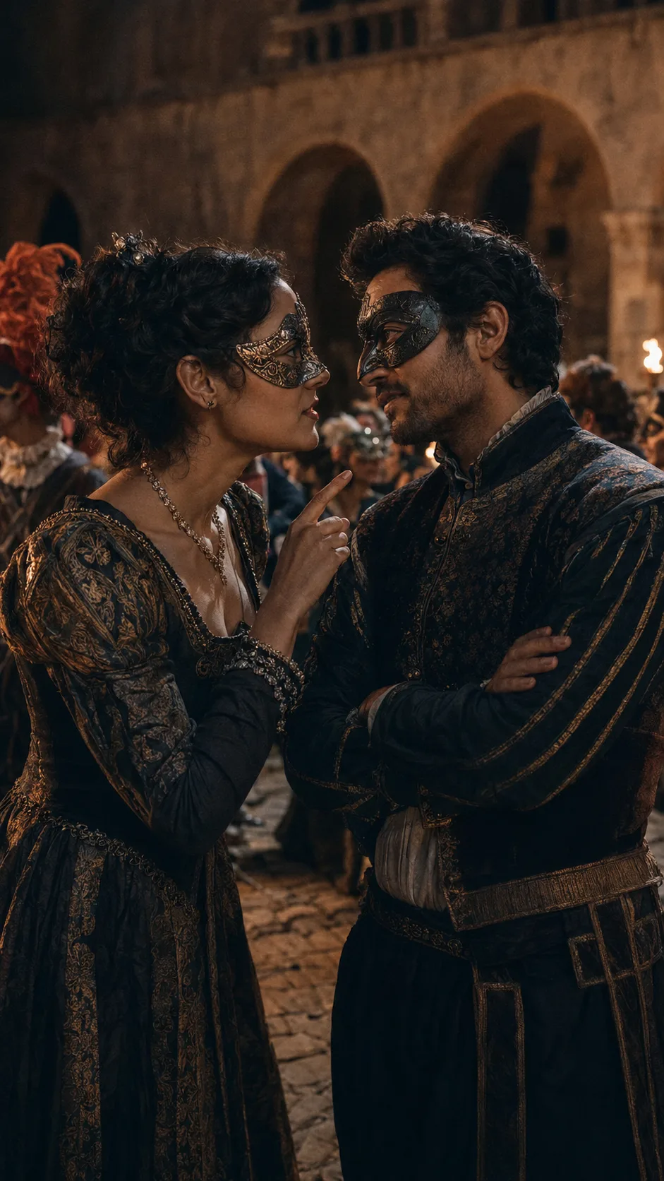 At a torch-lit masked ball, Beatrice and Benedick, both masked, trade barbed wit nose to nose while the dancers swirl around them.