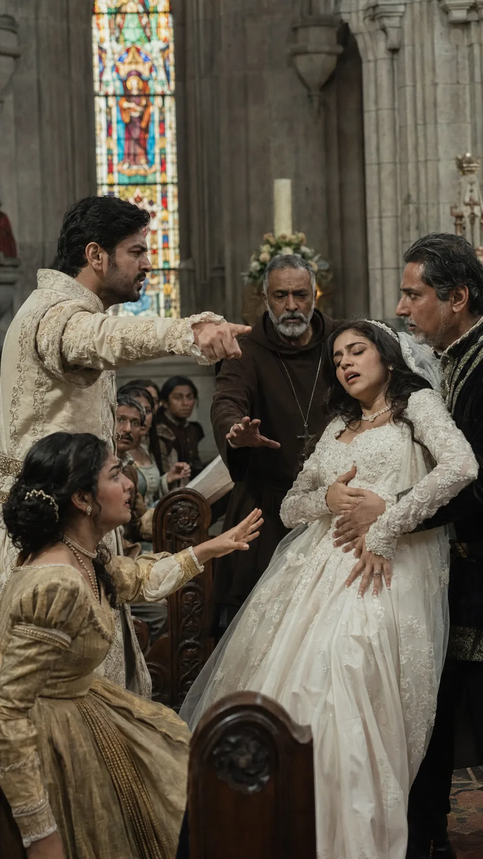 At the wedding altar, Claudio publicly denounces Hero as unfaithful, thrusting her back toward her father as she collapses in shock, the friar and Beatrice rushing to her side.